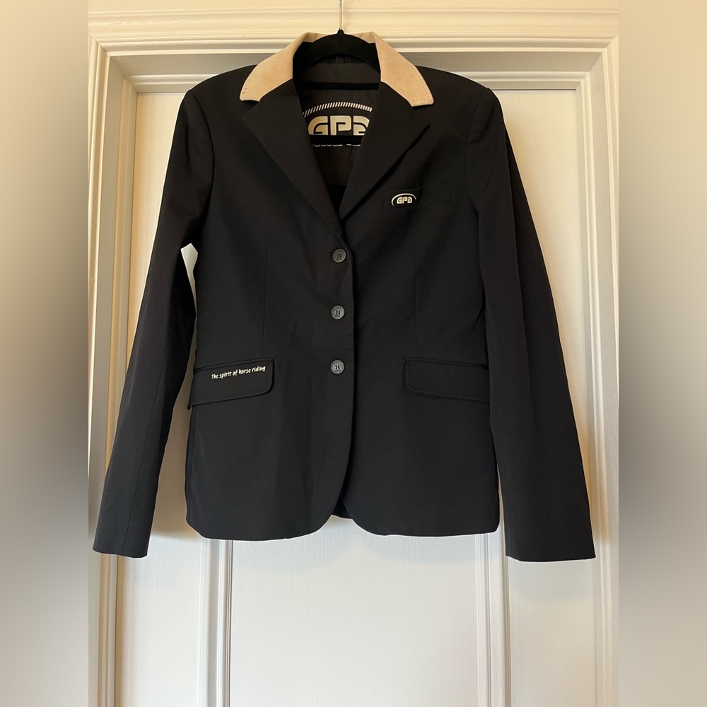 GPA Double Clear Women’s French 38R US 8 Equestrian Horse Shoe Coat Black Tan